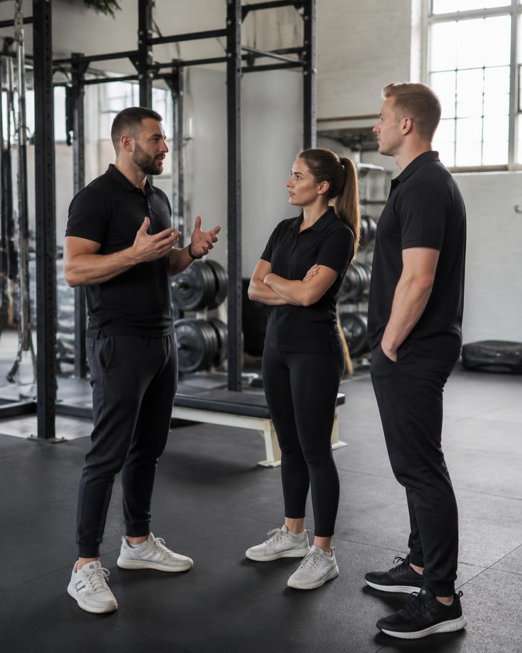 Entrenador dirigiendo una sesión con el equipo de un gimnasio
