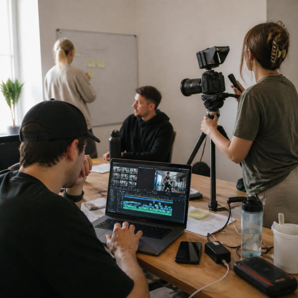 Equipo de marketing de FHI grabando y editando vídeo para un gimnasio